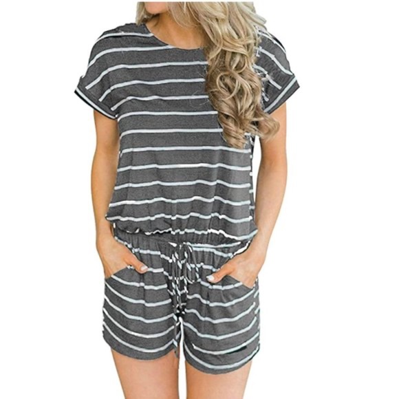 Pants - Comfy Romper Large Gray Striped with Pockets